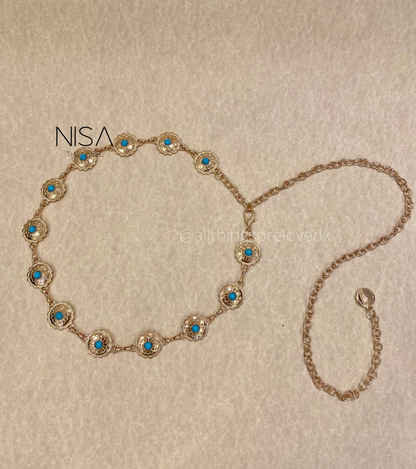 Round dainty cutwork turquoise chain waist belt