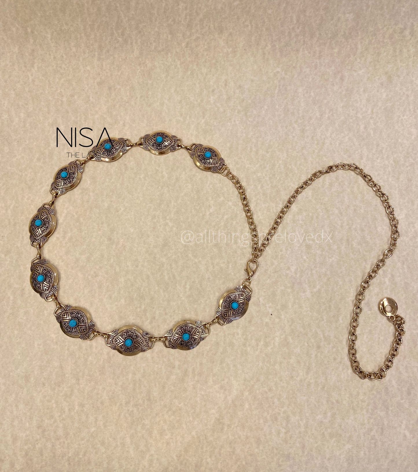 Detailed heart inset turquoise chain waist belt