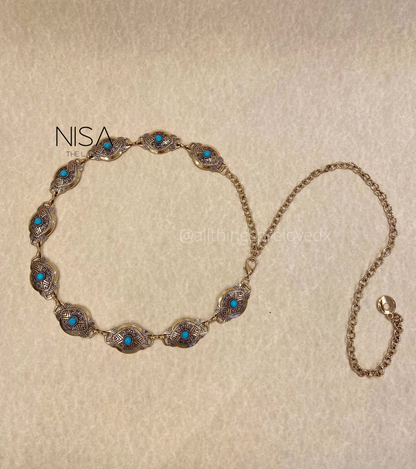 Detailed heart inset turquoise chain waist belt