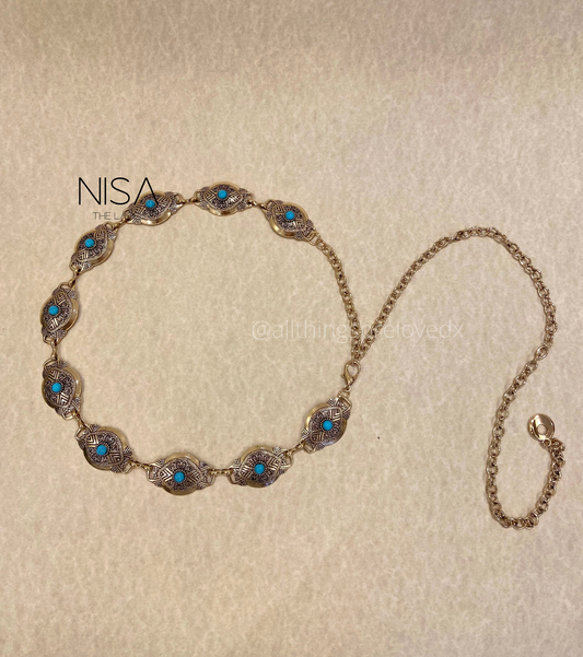 Detailed heart inset turquoise chain waist belt