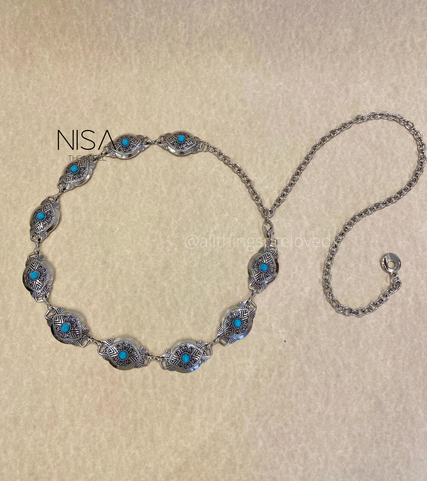 Detailed heart inset turquoise chain waist belt