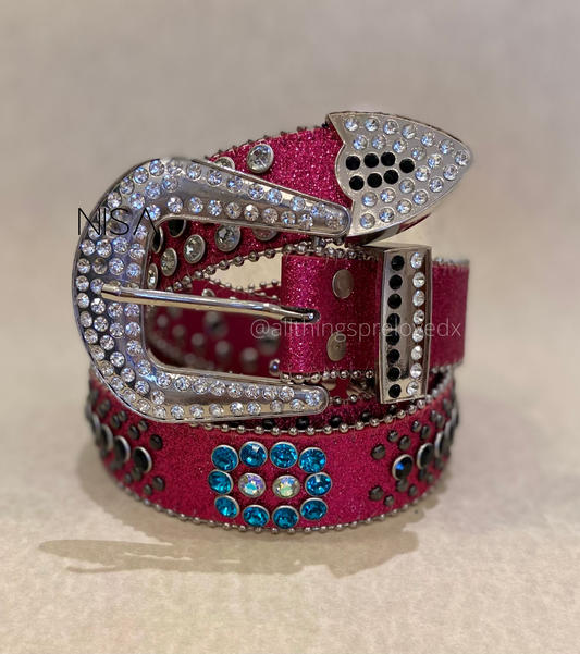 Rhinestone studded blue detailed glam retro basic belt