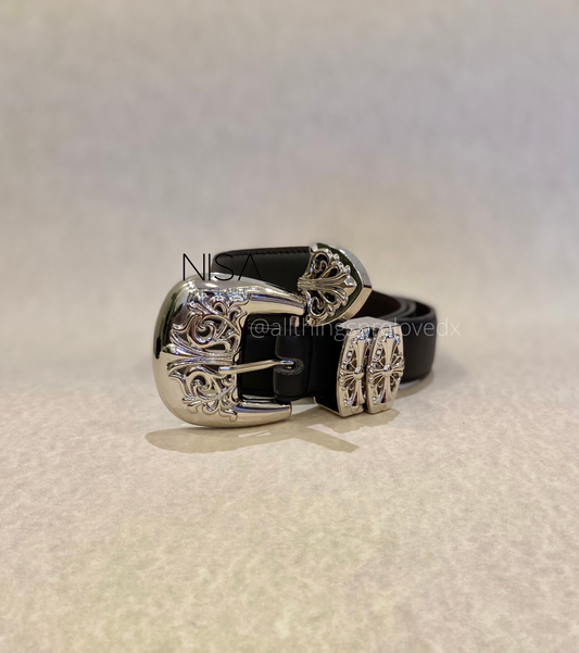 Intricate design silver metal buckle basic belt