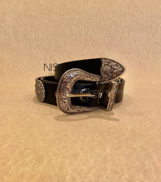 Vintage metal buckle all over floral metal eyelet basic belt