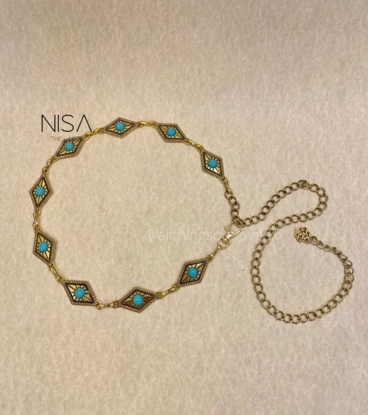 Diamond intricate detailed turquoise metal chain belt