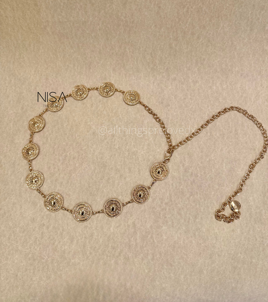 Sphere carved detailed round center metal chain belt