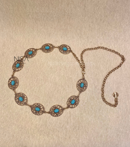 Oval intricate inset detailed turquoise metal chain waist belt