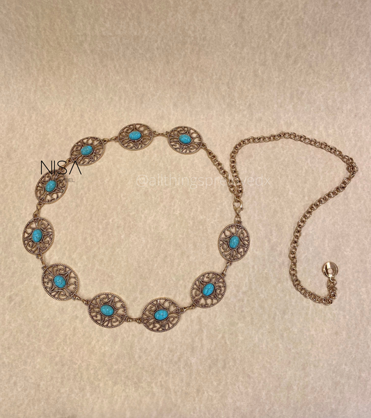 Oval intricate inset detailed turquoise metal chain waist belt