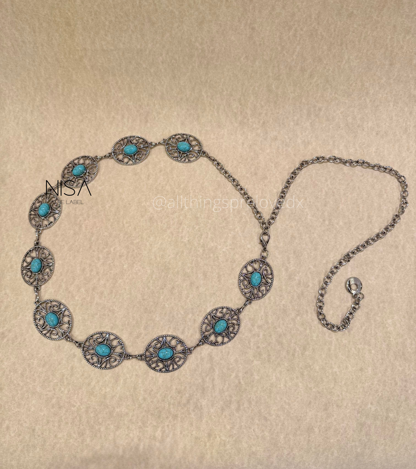Oval intricate inset detailed turquoise metal chain waist belt