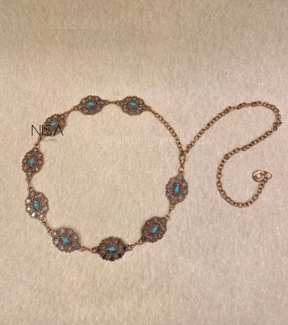 Vintage cutwork petal detailed turquoise metal chain belt