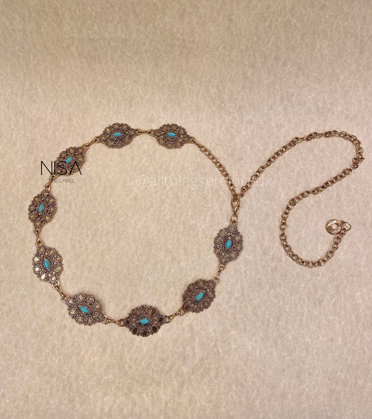 Vintage cutwork petal detailed turquoise metal chain belt