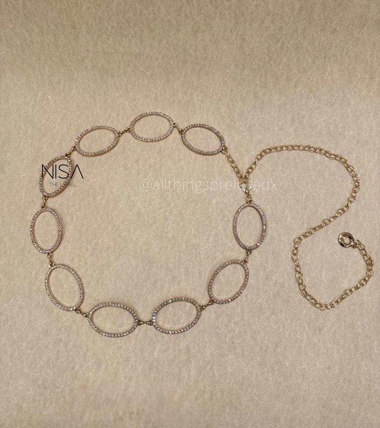 Oval rhinestone metal chain belt
