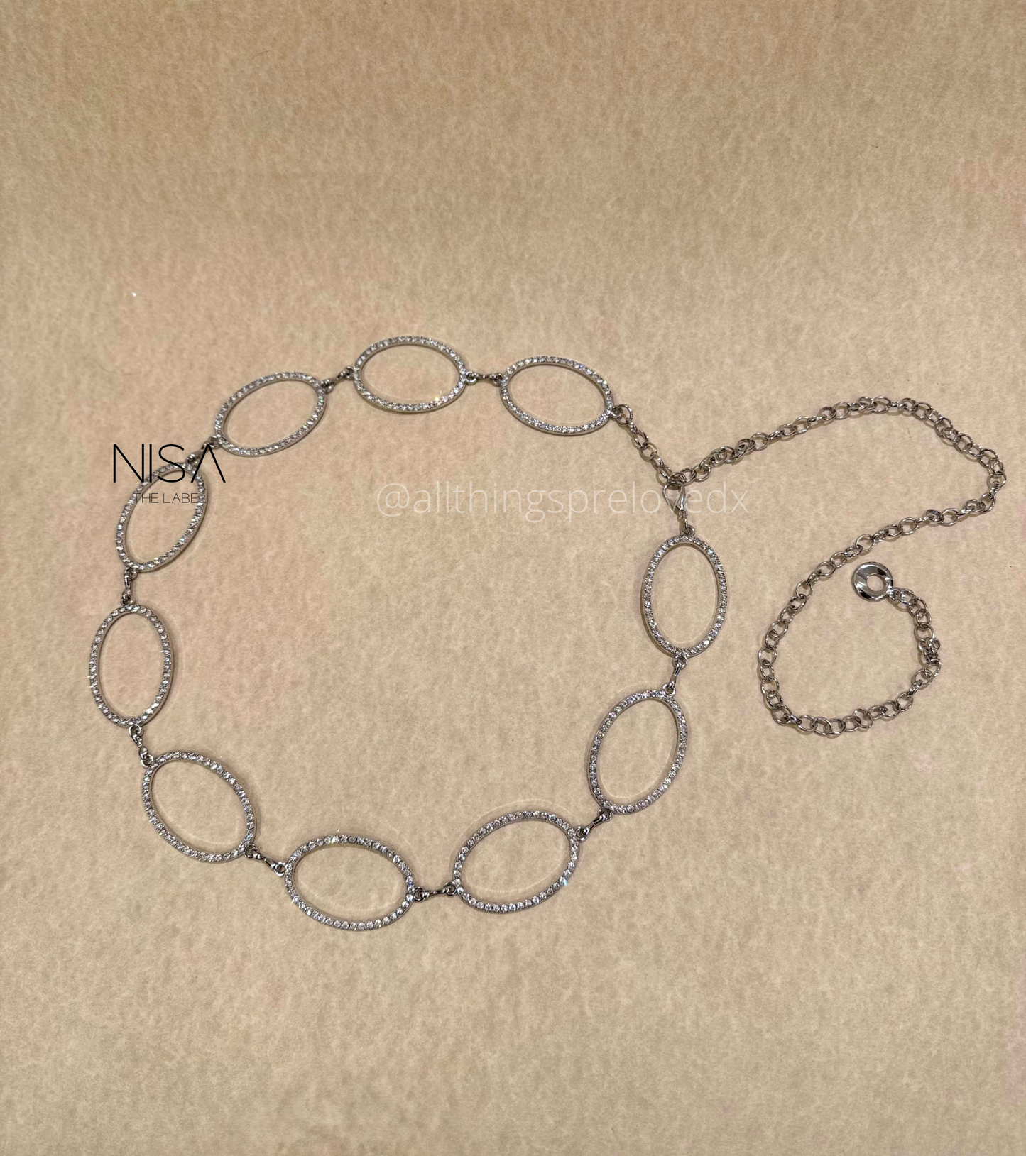 Oval rhinestone metal chain belt