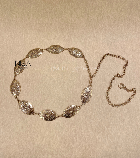 Oval floral detailed metal chain belt