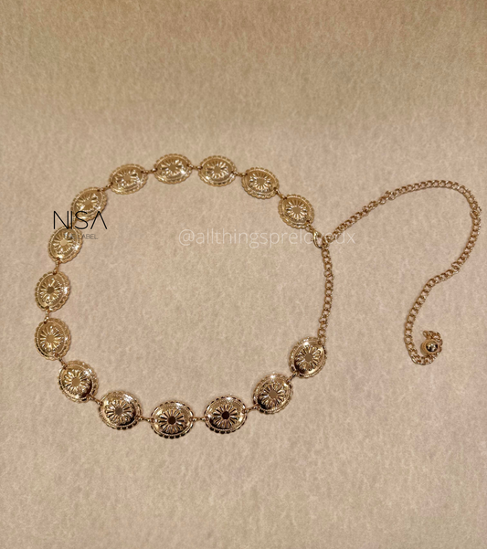 Cutwork floral inset metal chain belt