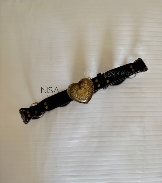 Vintage heart metal detailed buckle rear disc like waist belt