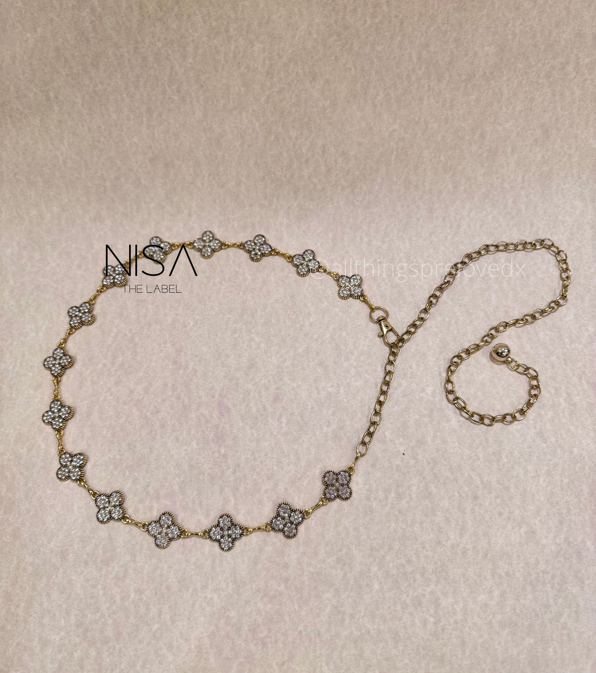 Clover rhinestone metal chain belt