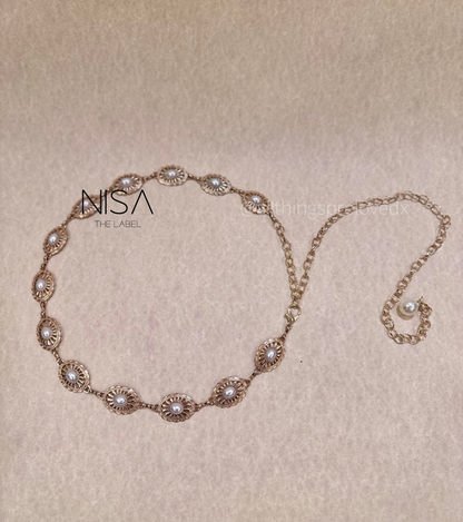 Intricate detailed oval pearl inset chain belt