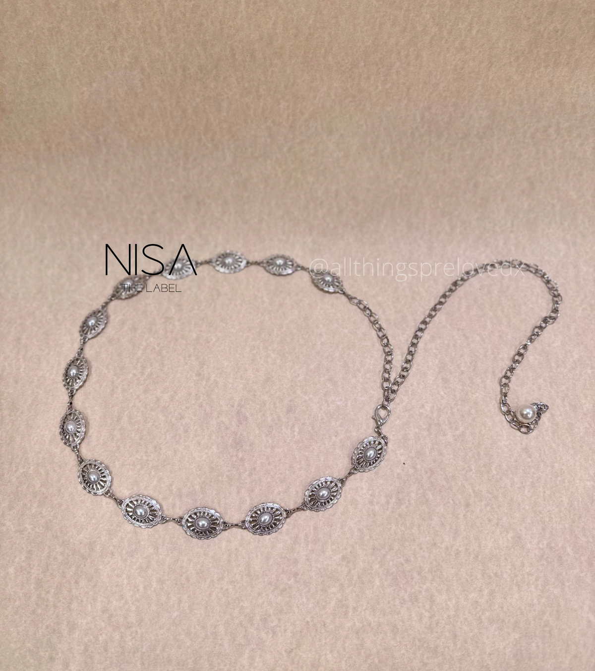 Intricate detailed oval pearl inset chain belt