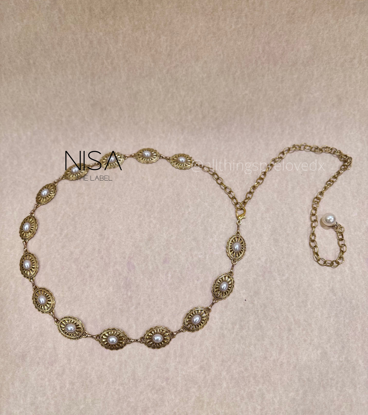 Intricate detailed oval pearl inset chain belt