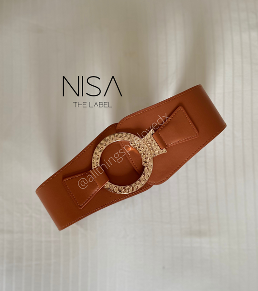Gold round pitted buckle waist cincher belt